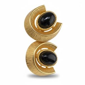 Vintage ESCADA Gold Black Cabochon Statement Clip Earrings Designer